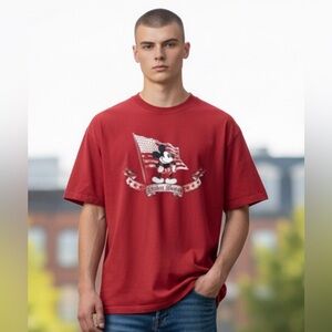 Vintage Mickey Mouse American Flag T-Shirt Walt Disney Red Top Size L